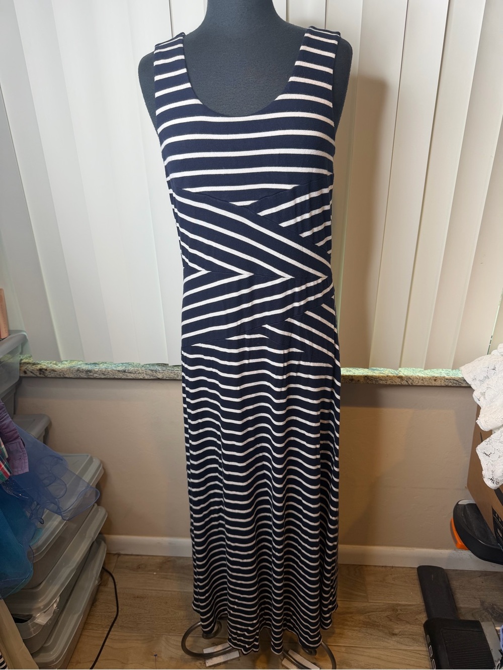 Calvin Klein Striped Navy White Sleeveless Nautical Coastal Maxi Dress SZ Large